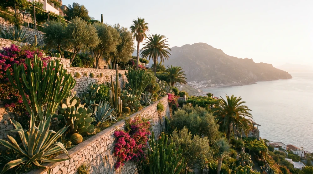 Dramatische Terrassengärten am Felsen mit Panoramablick auf das Mittelmeer aus den oberen Wohnvierteln Monacos nahe dem Jardin Exotique