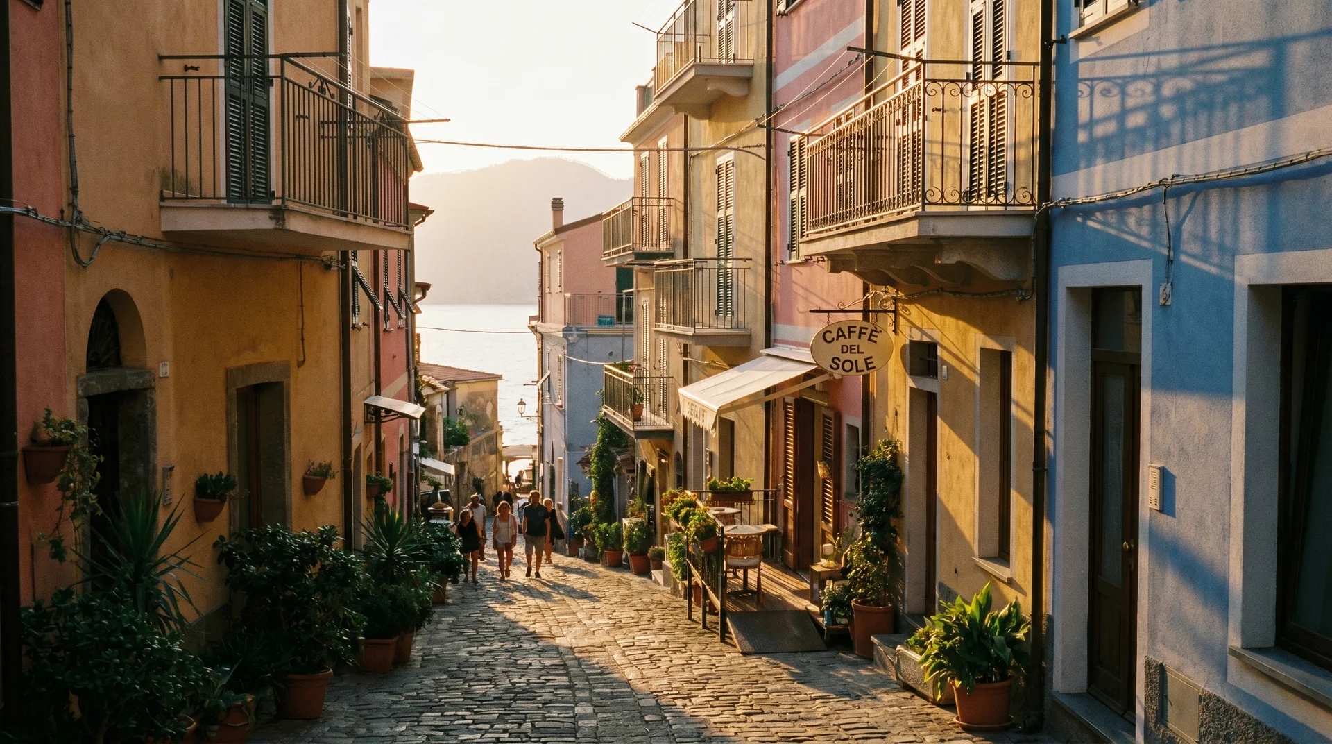 Enge Gasse zwischen pastellfarbenen Häusern in Monaco-Ville, dem historischen Stadtteil auf dem Felsen über dem Mittelmeer