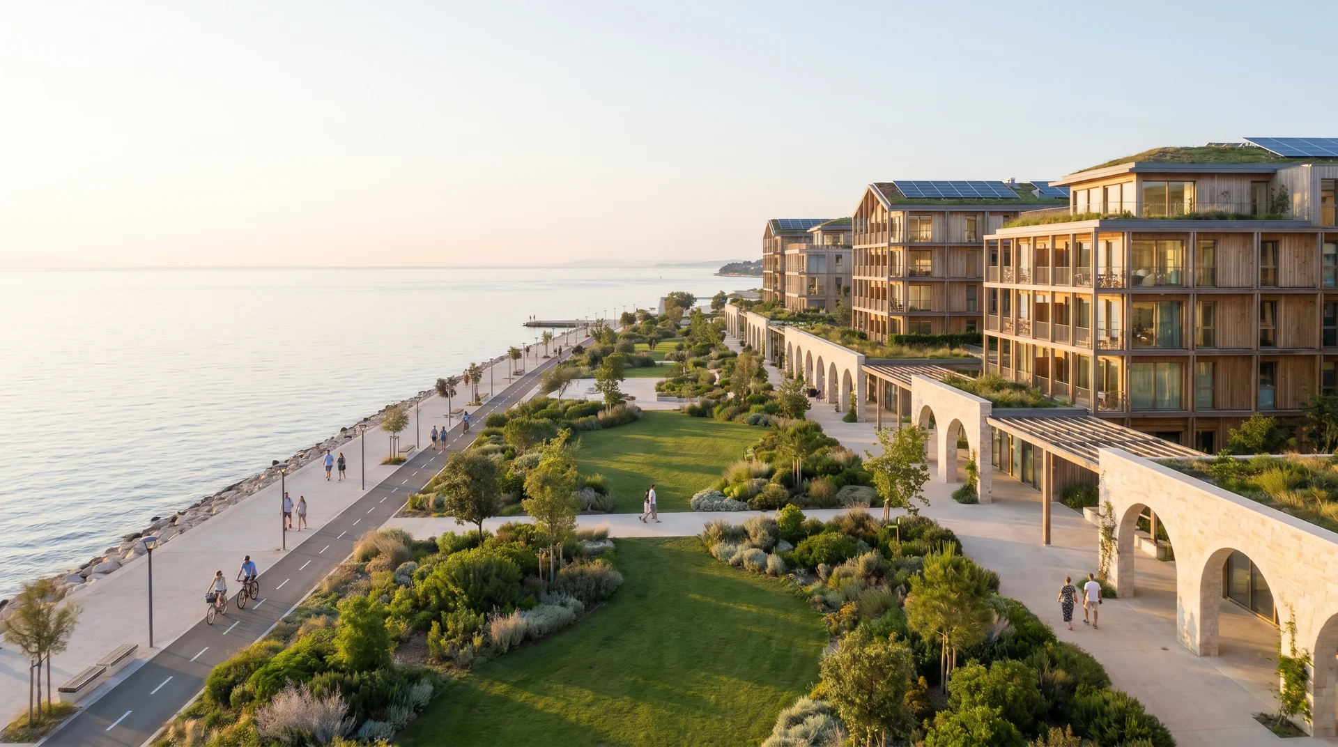 Das Mareterra-Ökostadtviertel in Monaco mit nachhaltiger Architektur und Fußwegen entlang des Mittelmeers