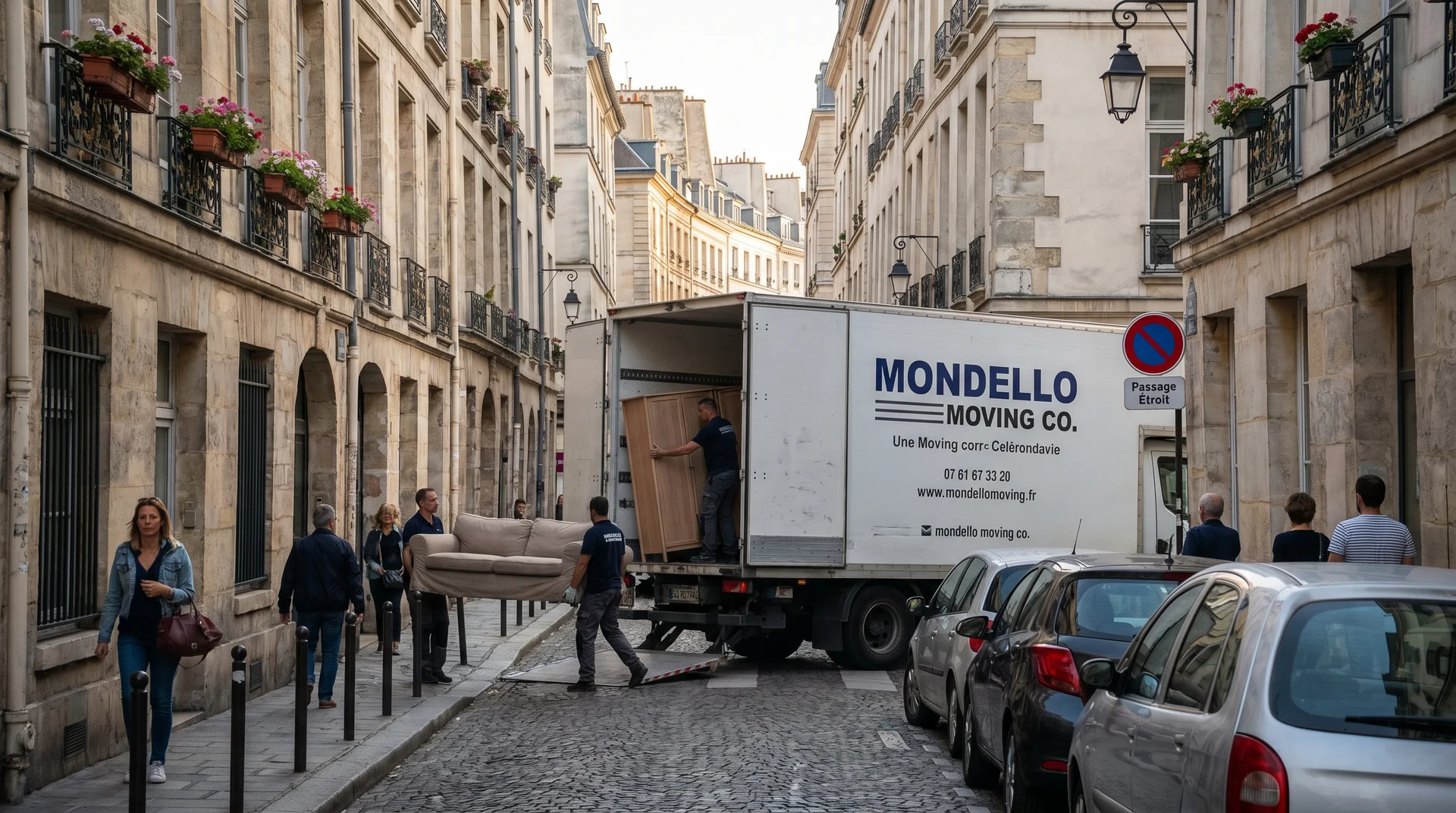 Umzugswagen in einer engen Straße in Monaco mit schwieriger Logistik beim Möbeltransport
