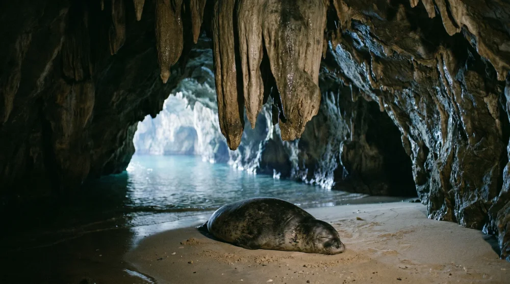 Mediterranean monk seal resting on hidden sandy beach inside Bekiri's Cave Spetses