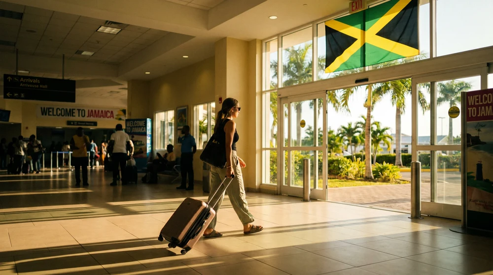 Ankommende Reisende verlassen das internationale Terminal des Flughafens Montego Bay in Jamaika