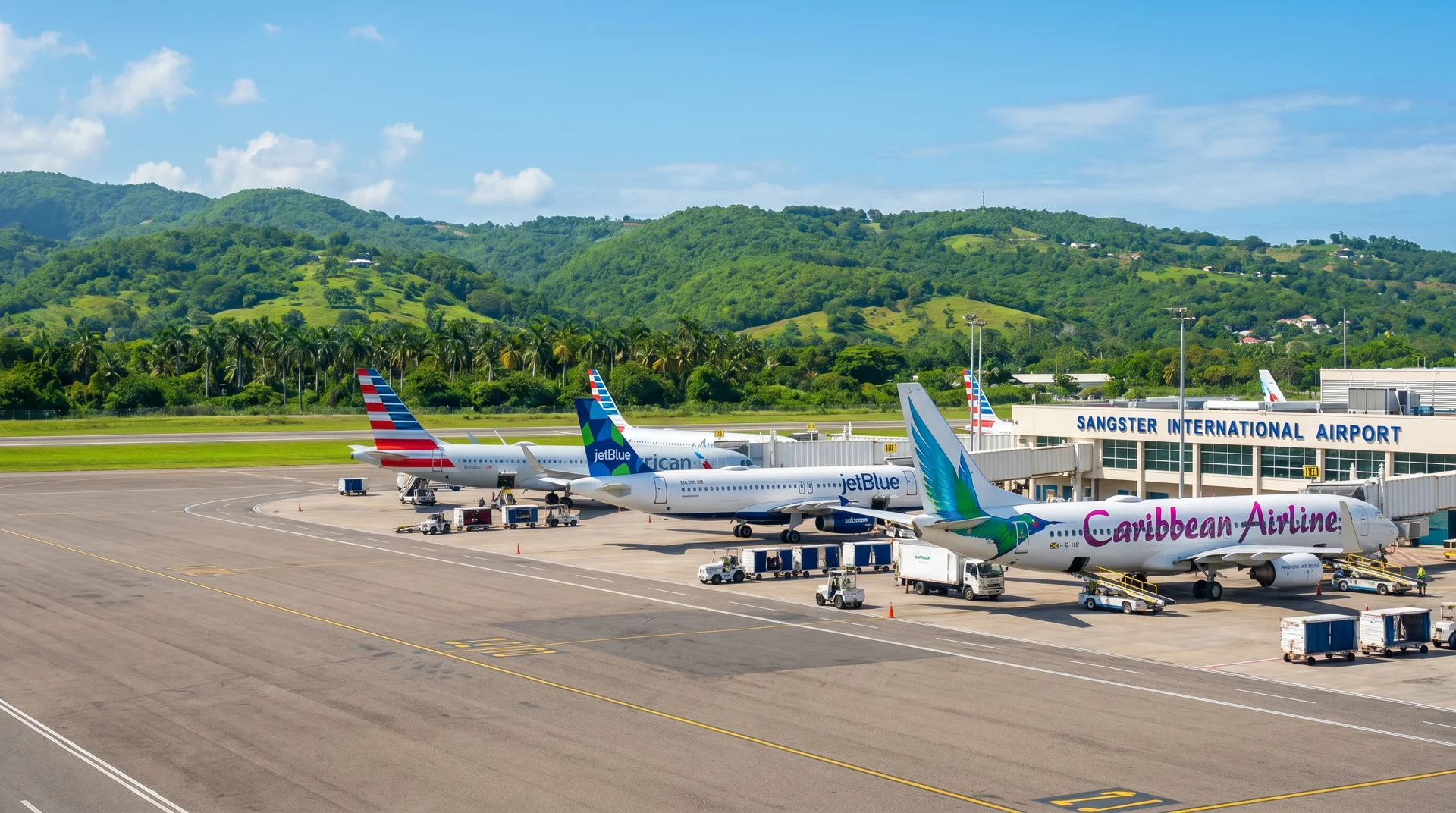 Vorfeld des Sangster International Airport in Montego Bay mit geparkten Maschinen und grünen Hügeln