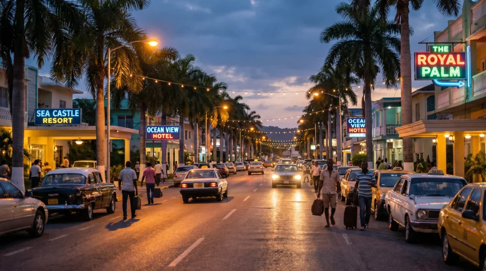Der Montego-Bay-Hotelstreifen in der Abenddämmerung mit verschiedenen Unterkunftsoptionen entlang der Hauptstraße