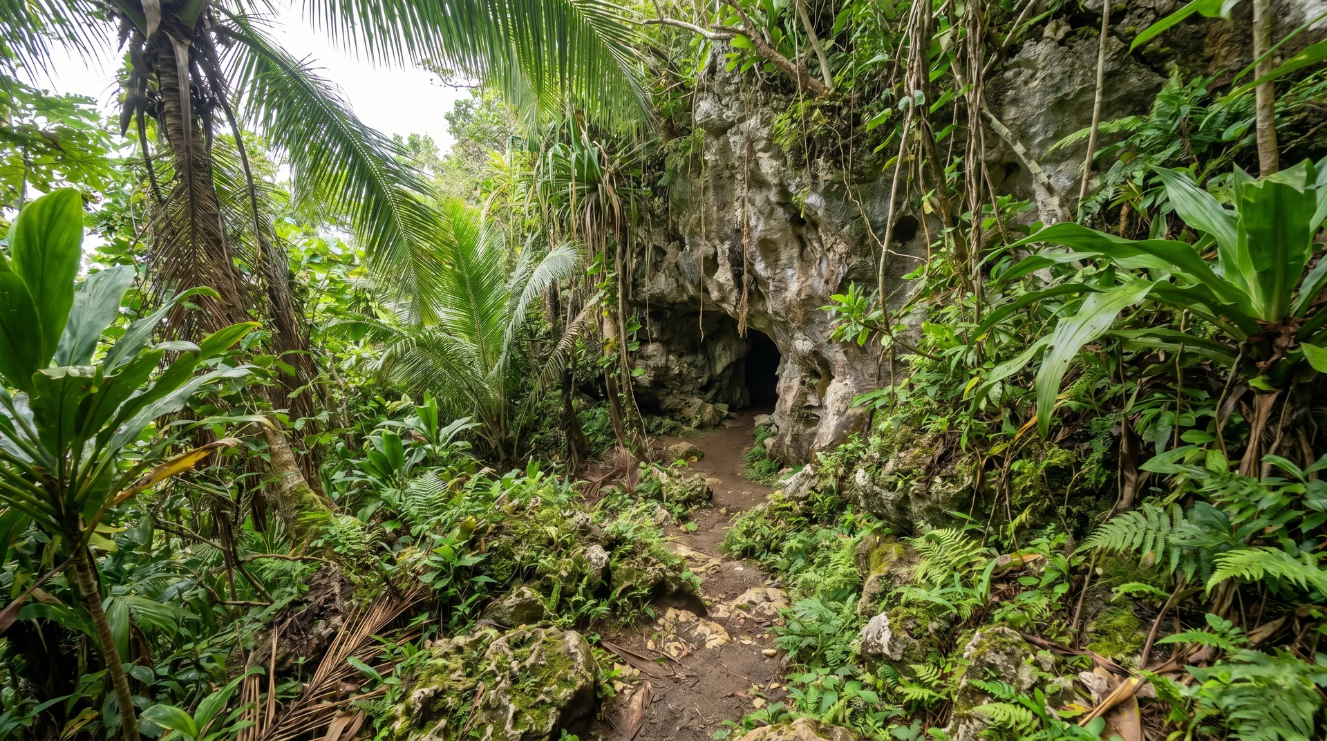 Weg zum Moqua-Brunnen nahe dem Buada-See, Nauru, ein historischer unterirdischer Süßwassersee aus dem Zweiten Weltkrieg