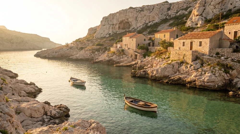 Warmes Morgenlicht über einer ruhigen mediterranen Küstenbucht mit hellen Kalksteinfelsen