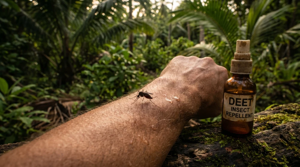 Close-up macro photograph of a mosquito on tropical skin with a DEET repellent bottle beside it, highlighting dengue and Zika prevention in the Marshall Islands. The Aedes aegypti mosquito is active during daytime hours.
