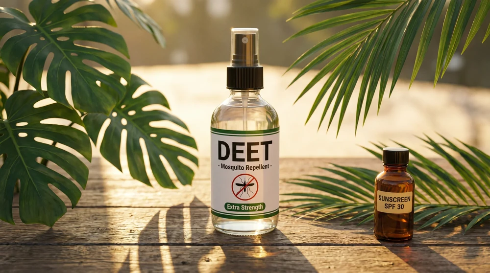 Mückenspray mit DEET und Sonnencreme auf Holztisch – unverzichtbarer Schutz für Jamaika