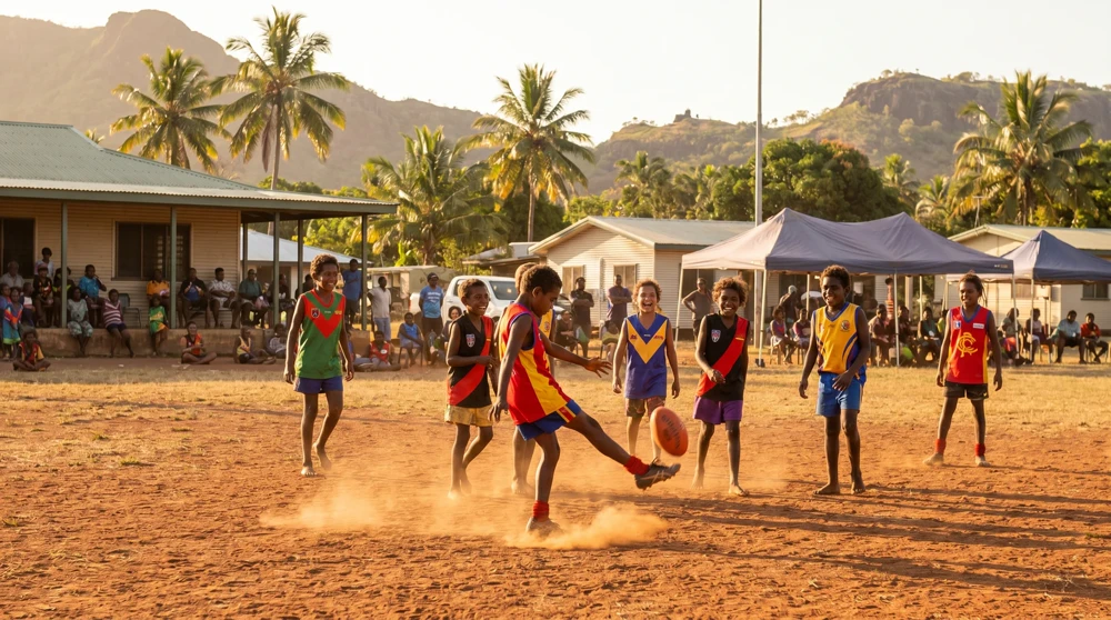 Kinder spielen Auskick Australian Rules Football auf einem staubigen Platz in Nauru
