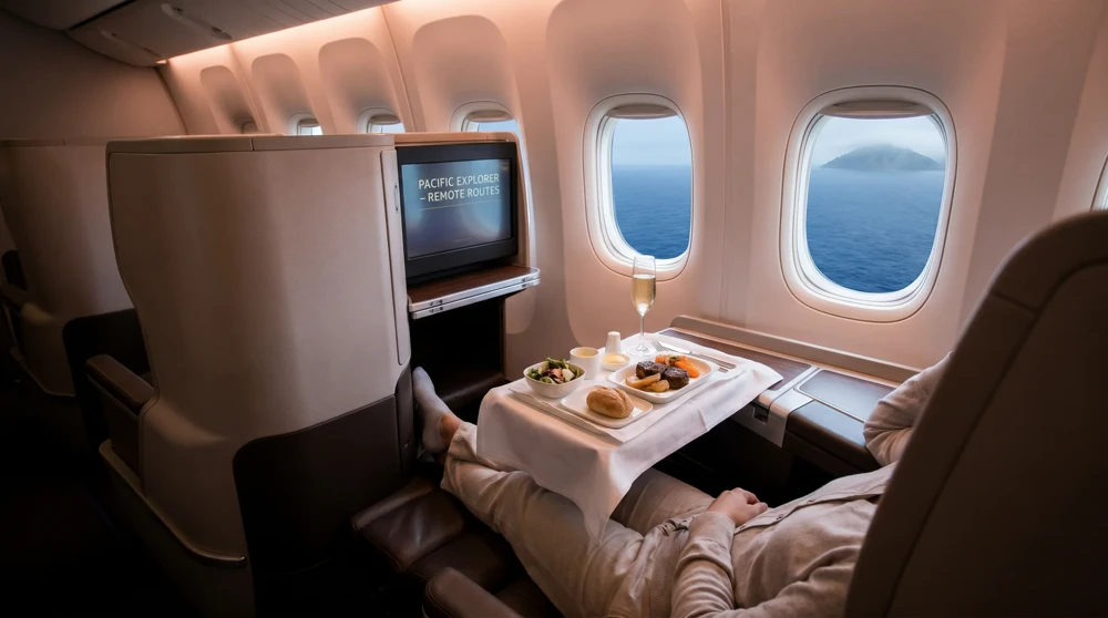 Premium seating on a Pacific island flight, representing the significant airfare investment required to reach Nauru