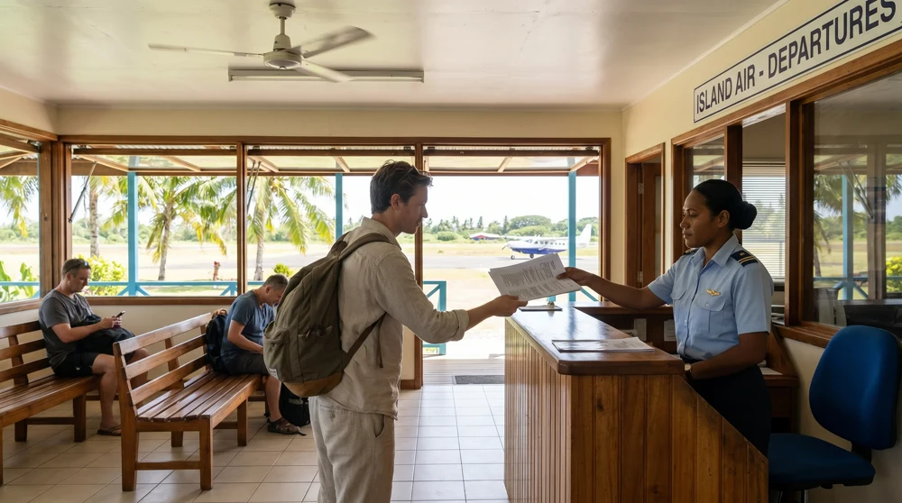 Traveler presenting printed visa documents at Nauru Airlines departure gate before boarding
