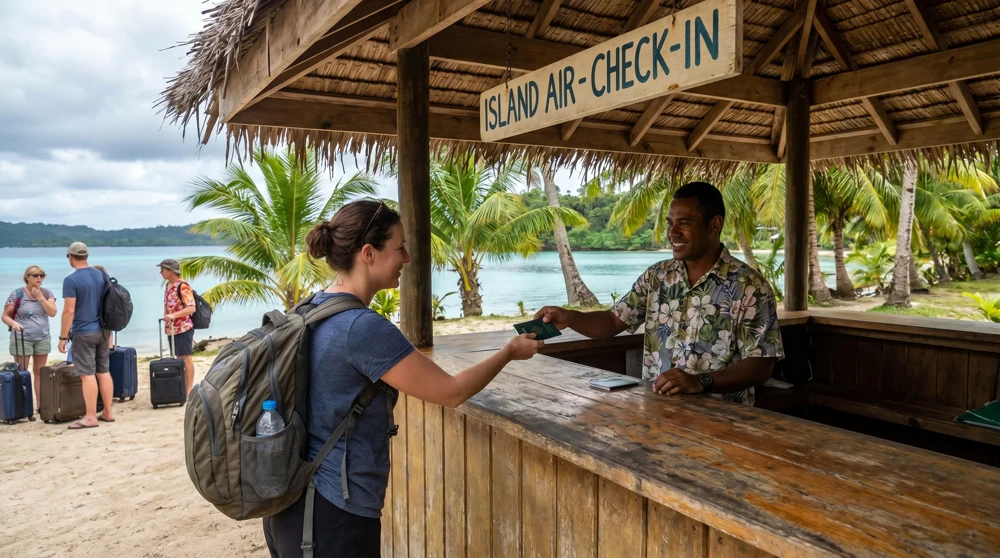 Check-in at Nauru International Airport, where limited facilities reflect the island's remote Pacific location