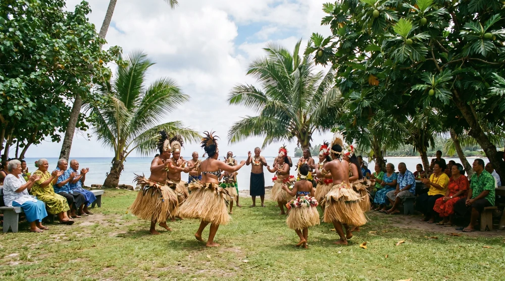 Gemeinschaftsfeier beim Angam Day in Nauru mit traditioneller Tanzvorführung und Bewohnern aller Altersgruppen