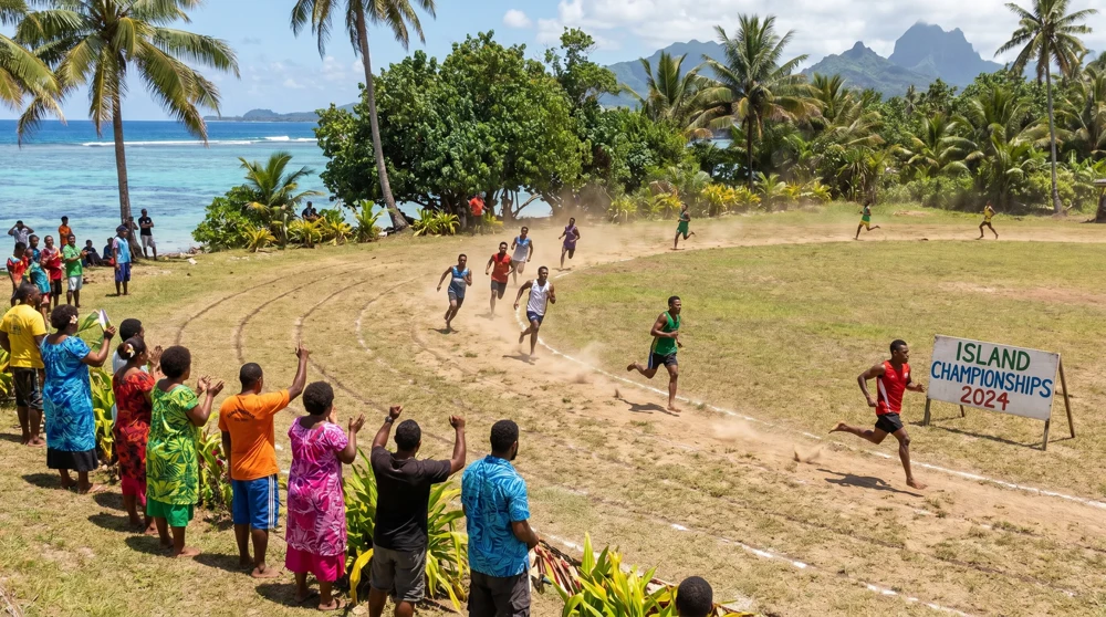 Leichtathleten beim jährlichen, staatlich organisierten Angam-Day-Wettkampf in Nauru unter tropischer Sonne
