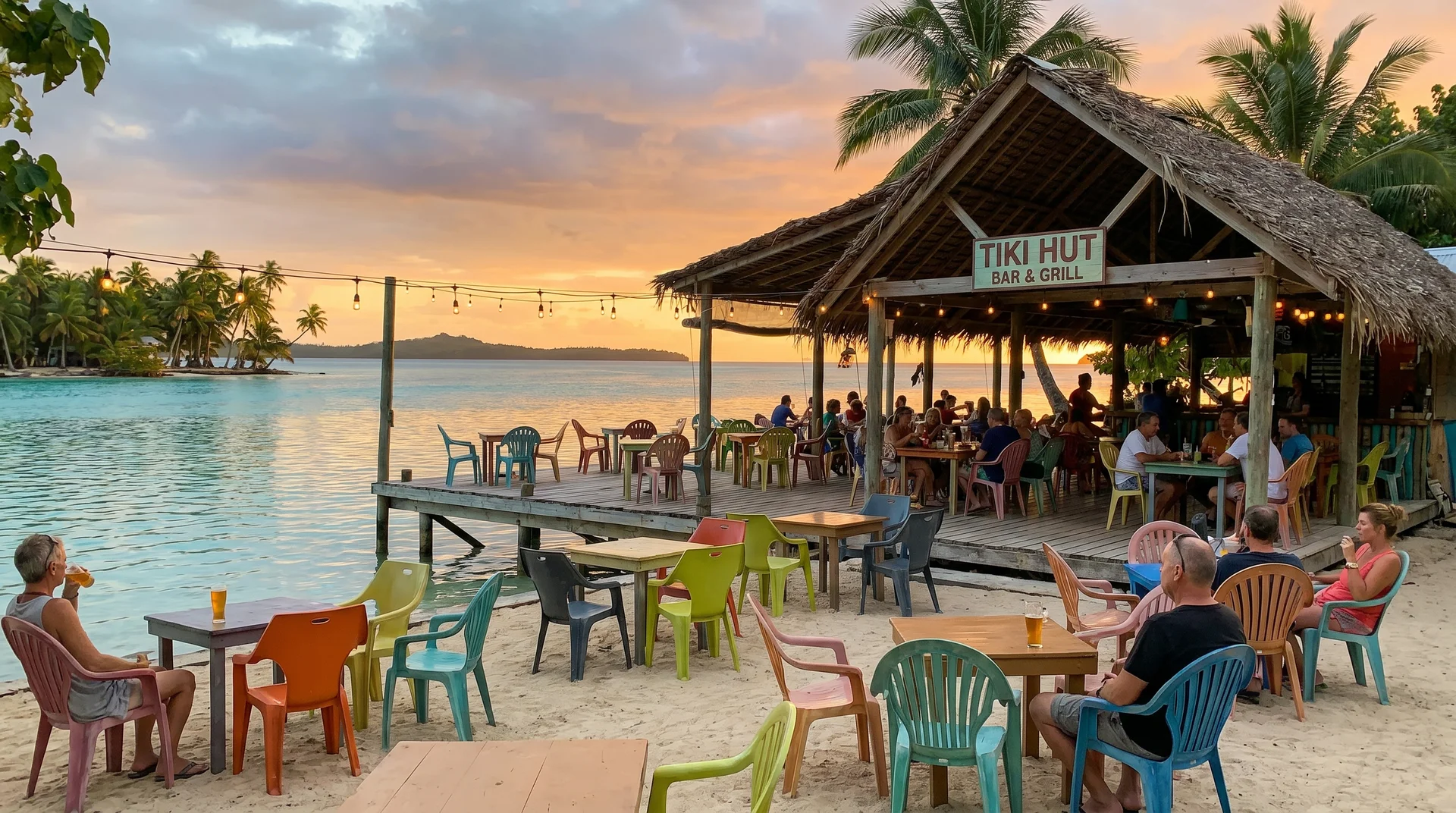 Bayview Bar und Restaurant auf Nauru mit Blick auf die Anibare Bay beim Sonnenuntergang