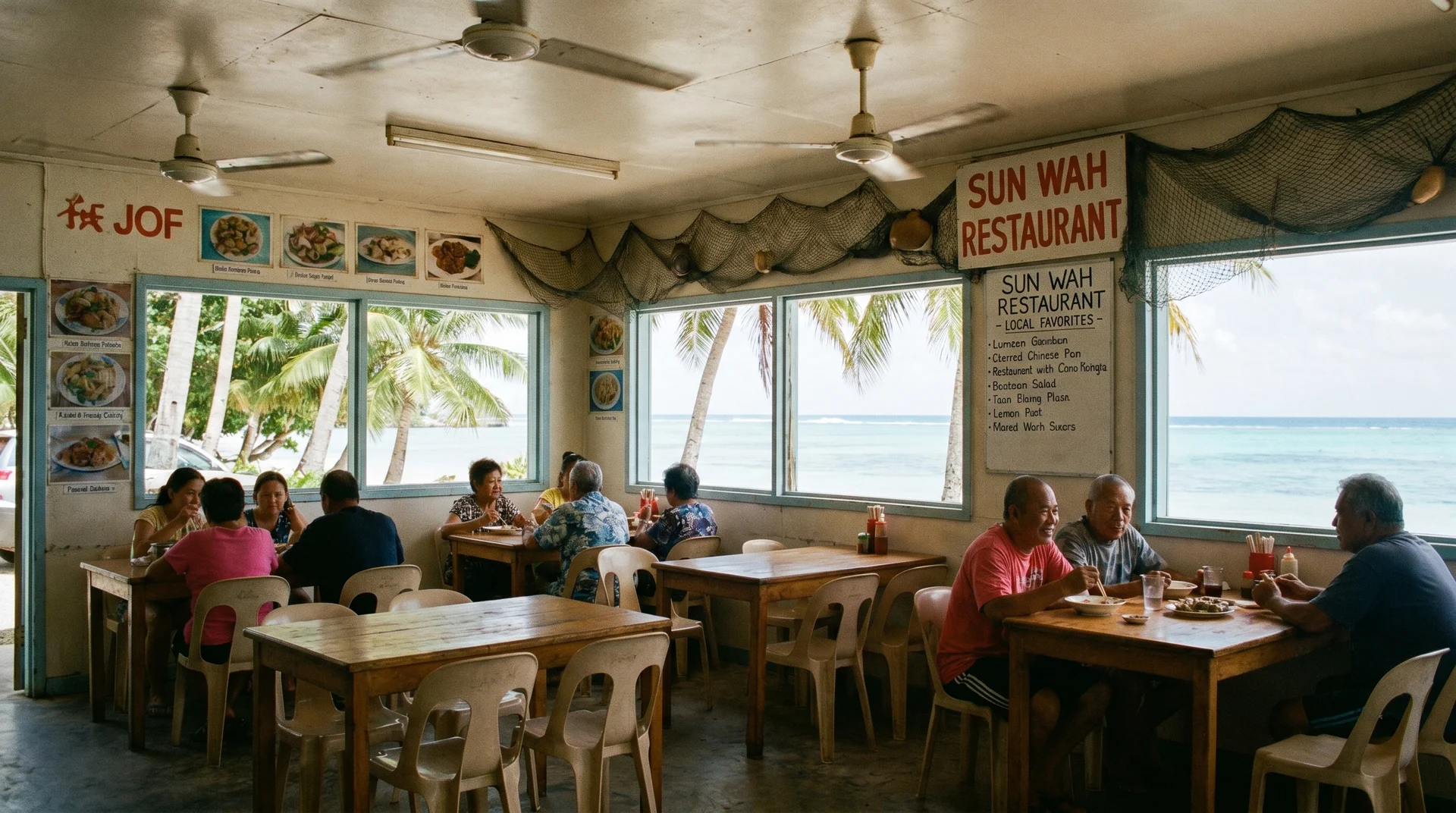 Simple Chinese restaurant interior typical of Nauru's dining scene, where imported cuisine dominates local options