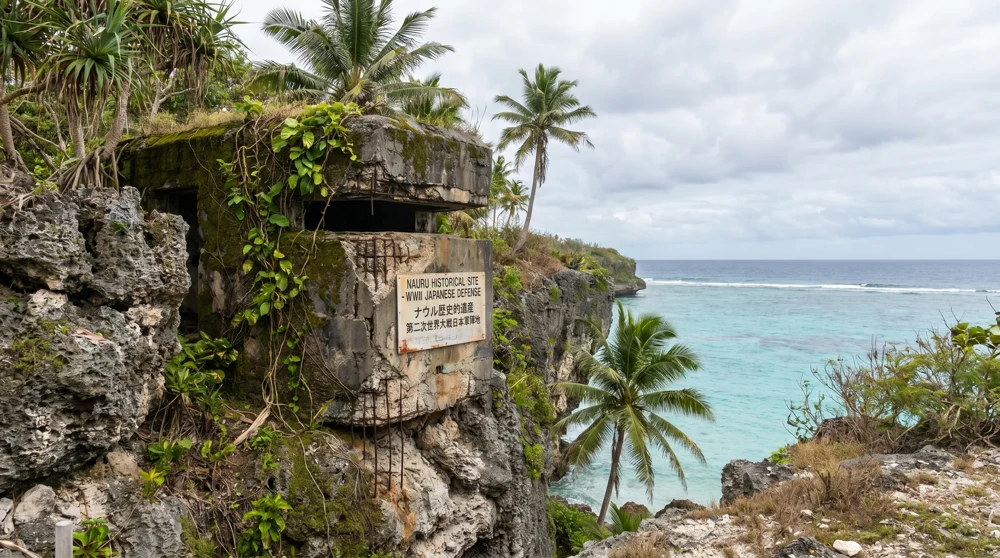 Japanischer Betonpillenkasten aus dem Zweiten Weltkrieg in Nauru-Küstenklippe eingebettet, mit Blick auf den Pazifischen Ozean