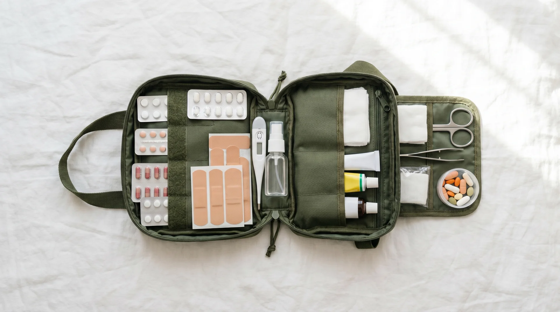 Vollständige Reiseapotheke mit Medikamenten, Verbandsmaterial und Fieberthermometer für Nauru
