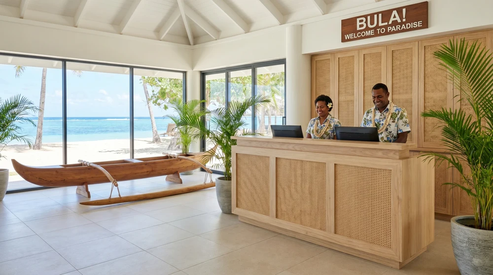 Hotel reception on Nauru, where accommodations serve a mix of tourists, government workers, and contractors