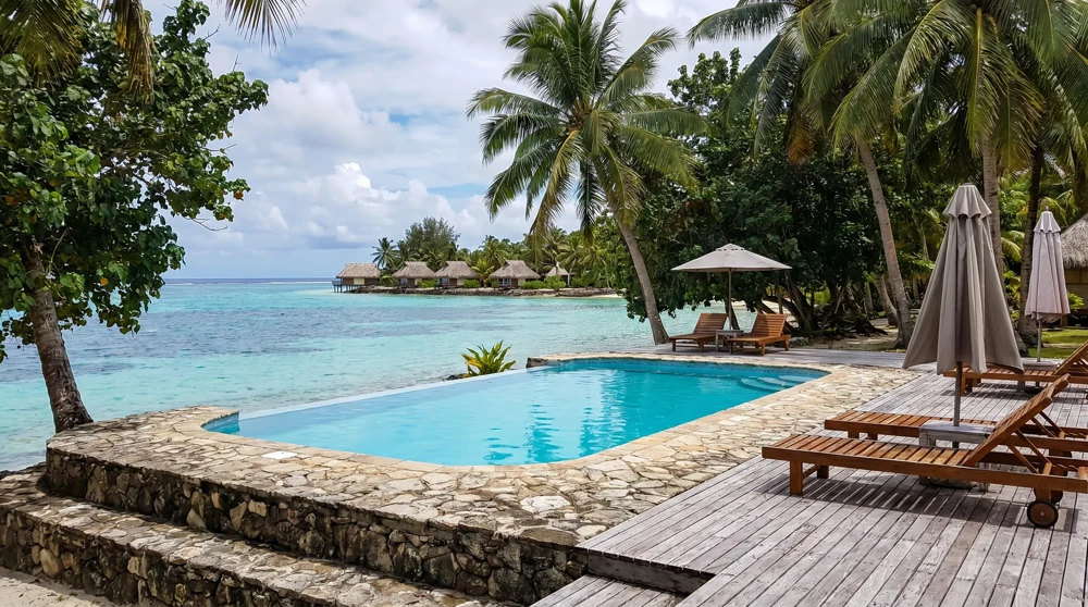 Hotel pool with ocean views on Nauru, where the Menen Hotel remains the island's most established accommodation choice