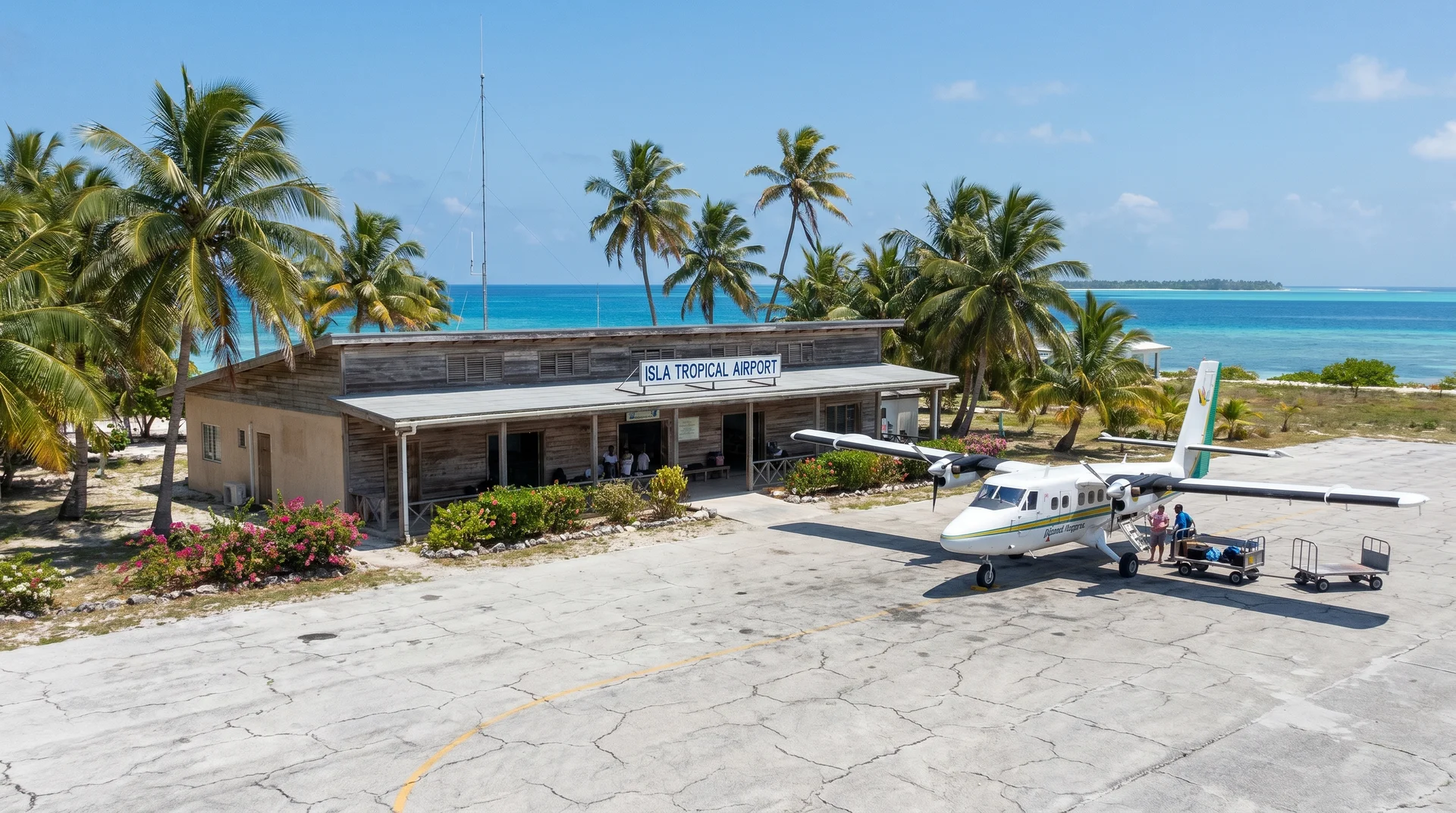 Außenansicht des Nauru International Airport, der einzige Einreisepunkt für die 3-4 wöchentlichen Nauru Airlines-Flüge