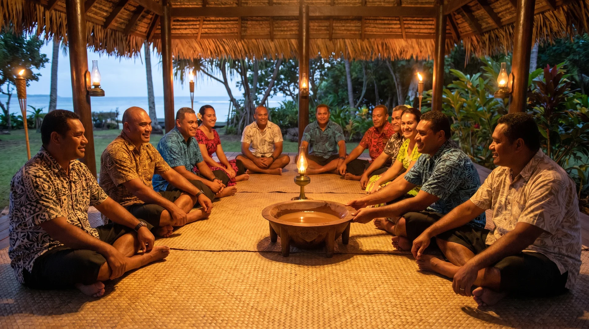 Traditionelle Kava-Runde auf Nauru mit Gemeinschaftsmitgliedern beim geselligen Abend