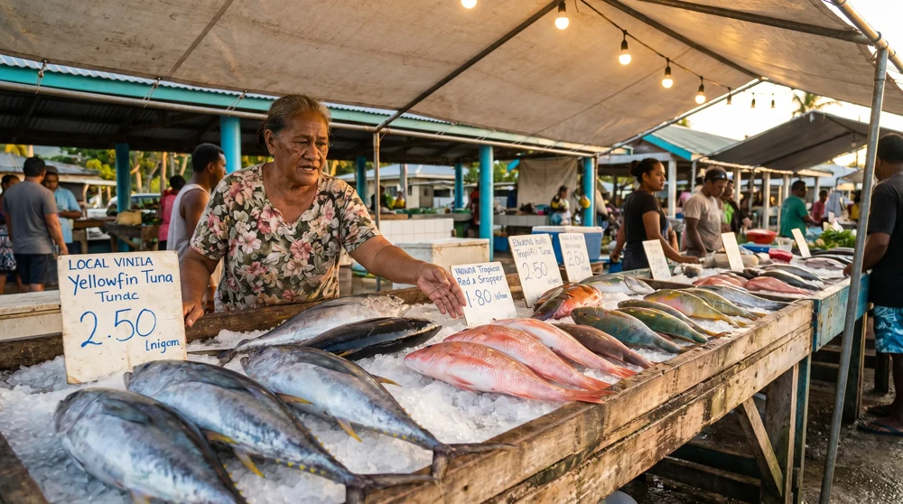 Local market stall in Nauru selling fresh tuna and snapper