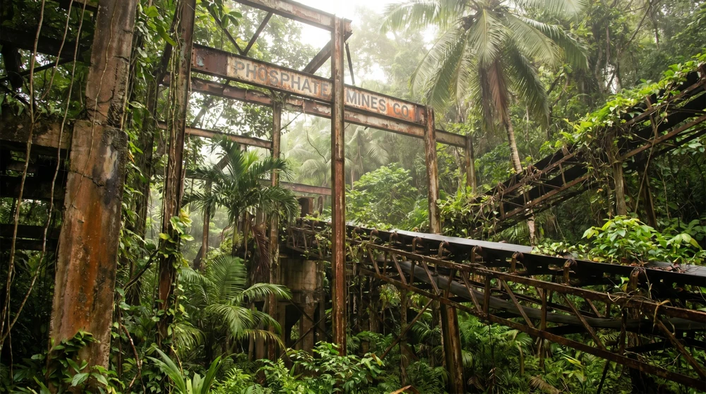 Rusting phosphate processing infrastructure on Nauru, remnants of the island's mid-20th century boom era