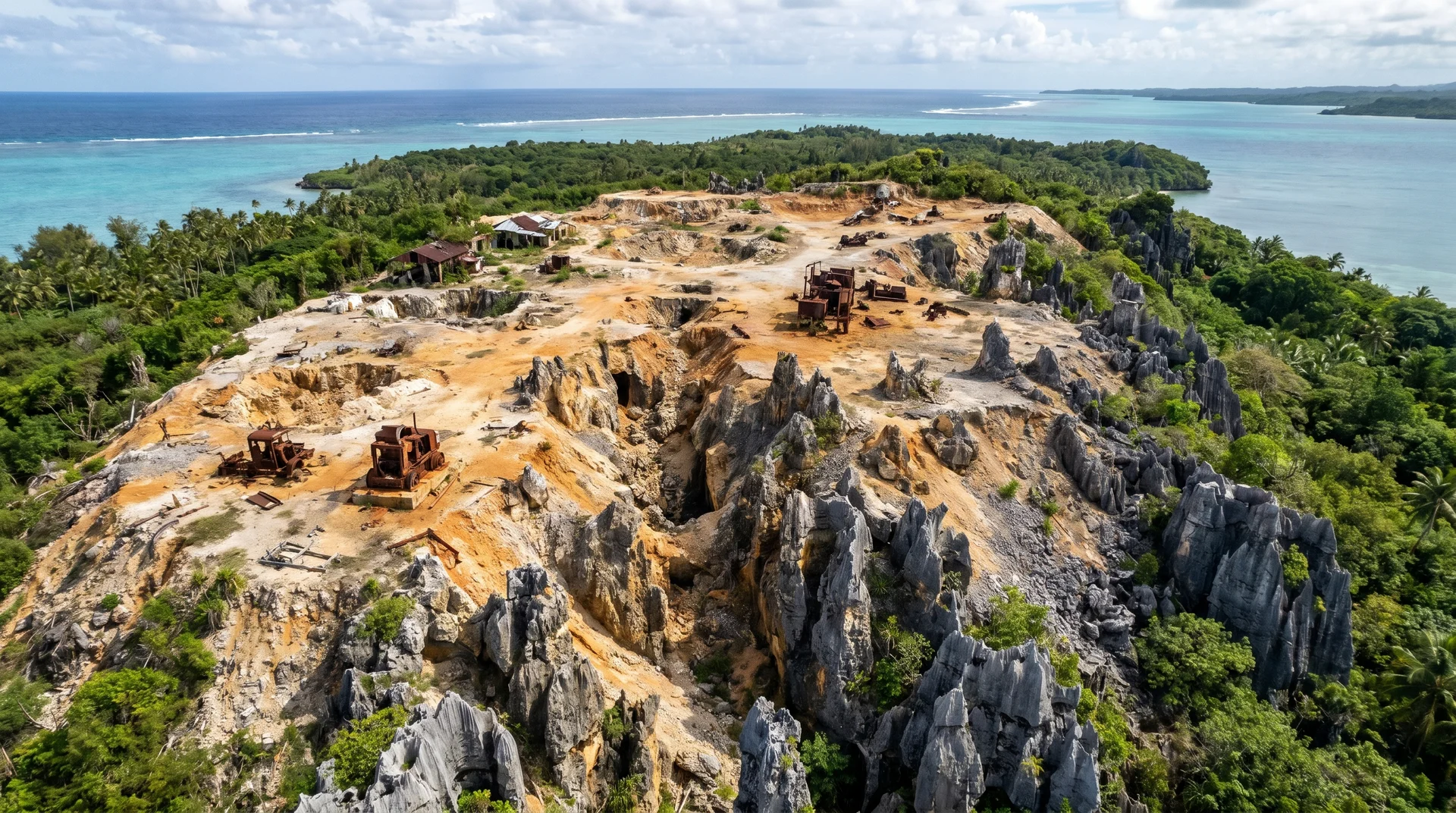 Nauru Topside Phosphatabbauplateau mit gezackten Kalksteinpinnakeln und abgetragenem Gelände