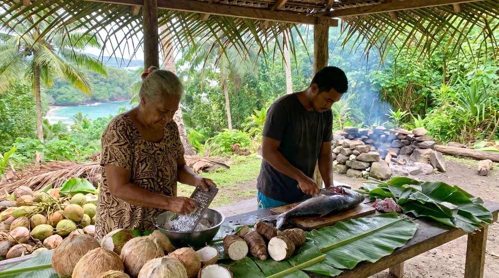 Traditional Nauruan food preparation using fresh Pacific fish and coconut, remnants of pre-phosphate island cuisine