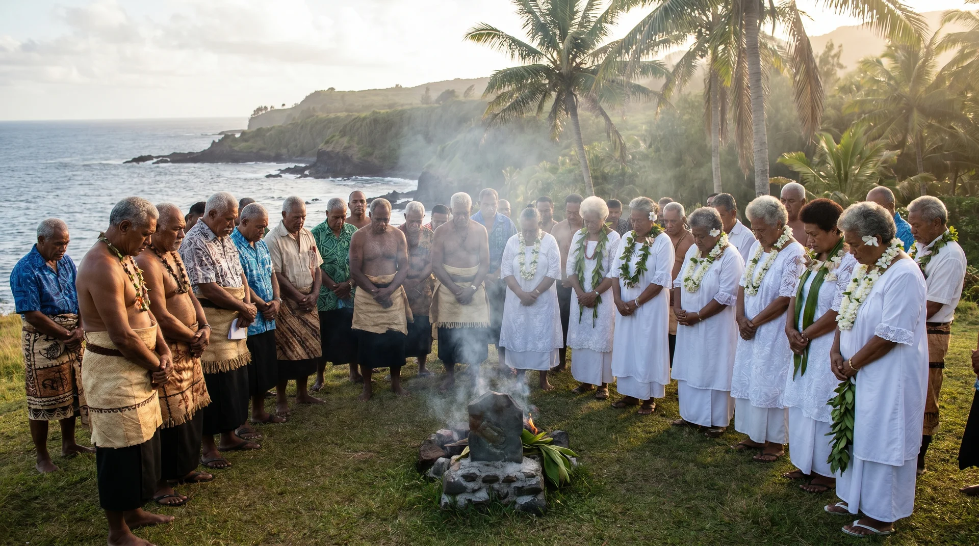 Nauruische Älteste und Nachkommen der WWII-Überlebenden in traditioneller Kleidung bei der Angam-Day-Zeremonie zu Ehren der Truk-Deportierten