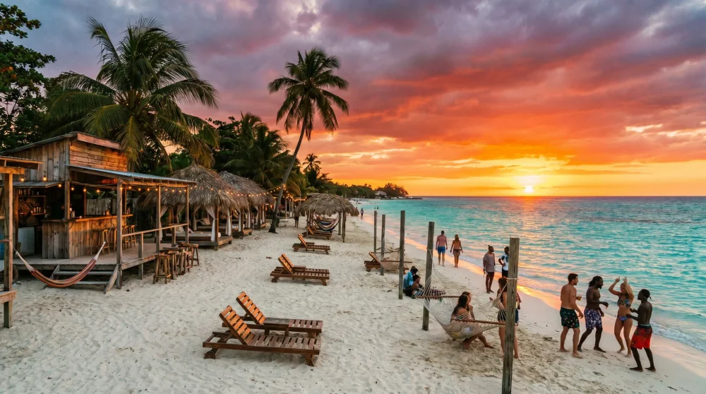 Der Negril-Strand bei Sonnenuntergang mit Strandbars und Liegestühlen am Ufer