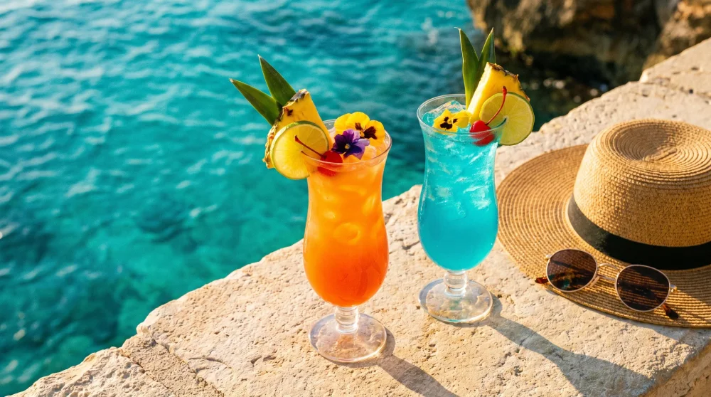 Colorful rum cocktails on a limestone ledge with a turquoise Caribbean sea view at Negril Jamaica