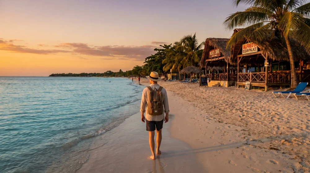 Solo traveler walking along Seven Mile Beach in Negril Jamaica at golden hour