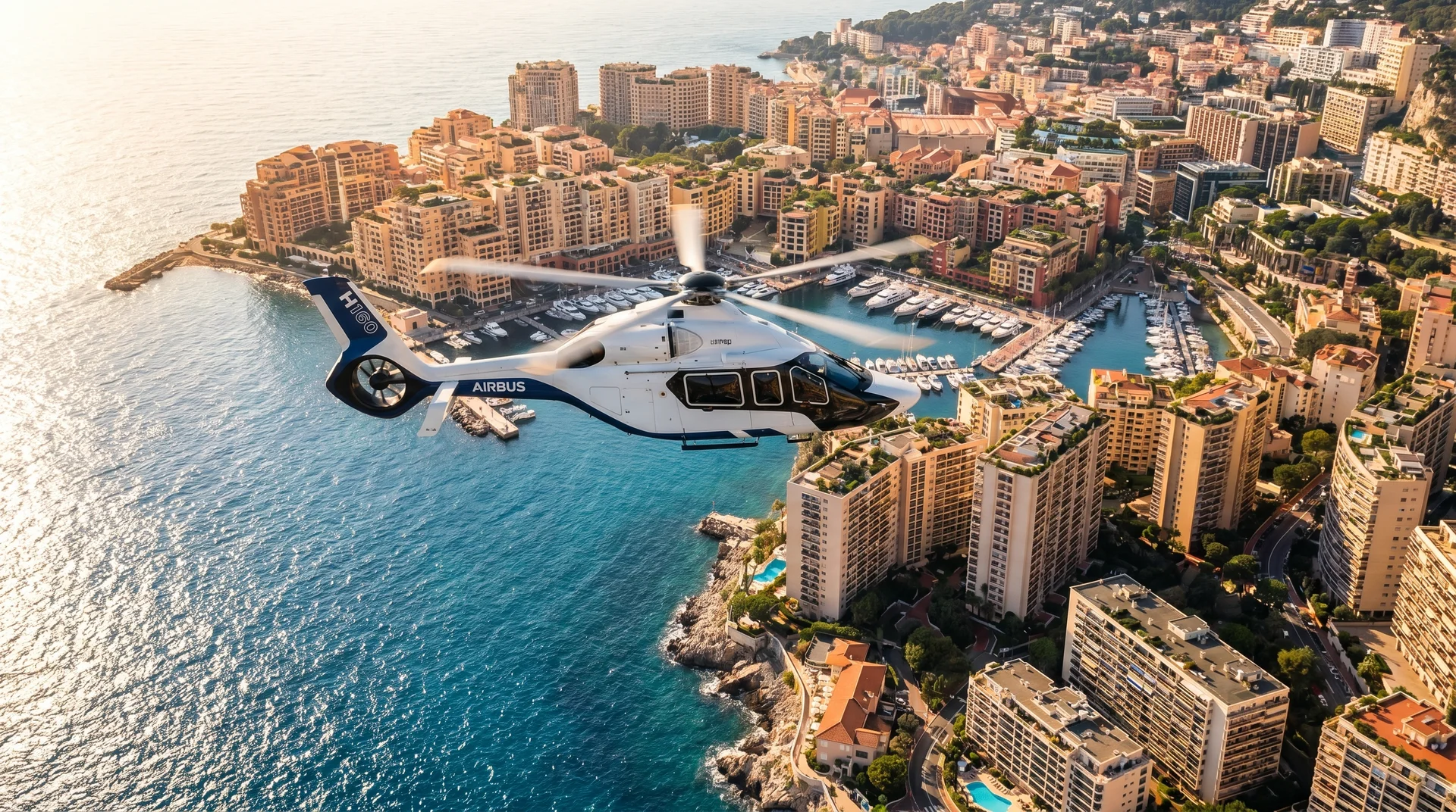 Helicopter flying over the Mediterranean coastline between Nice and Monaco with the Principality visible below