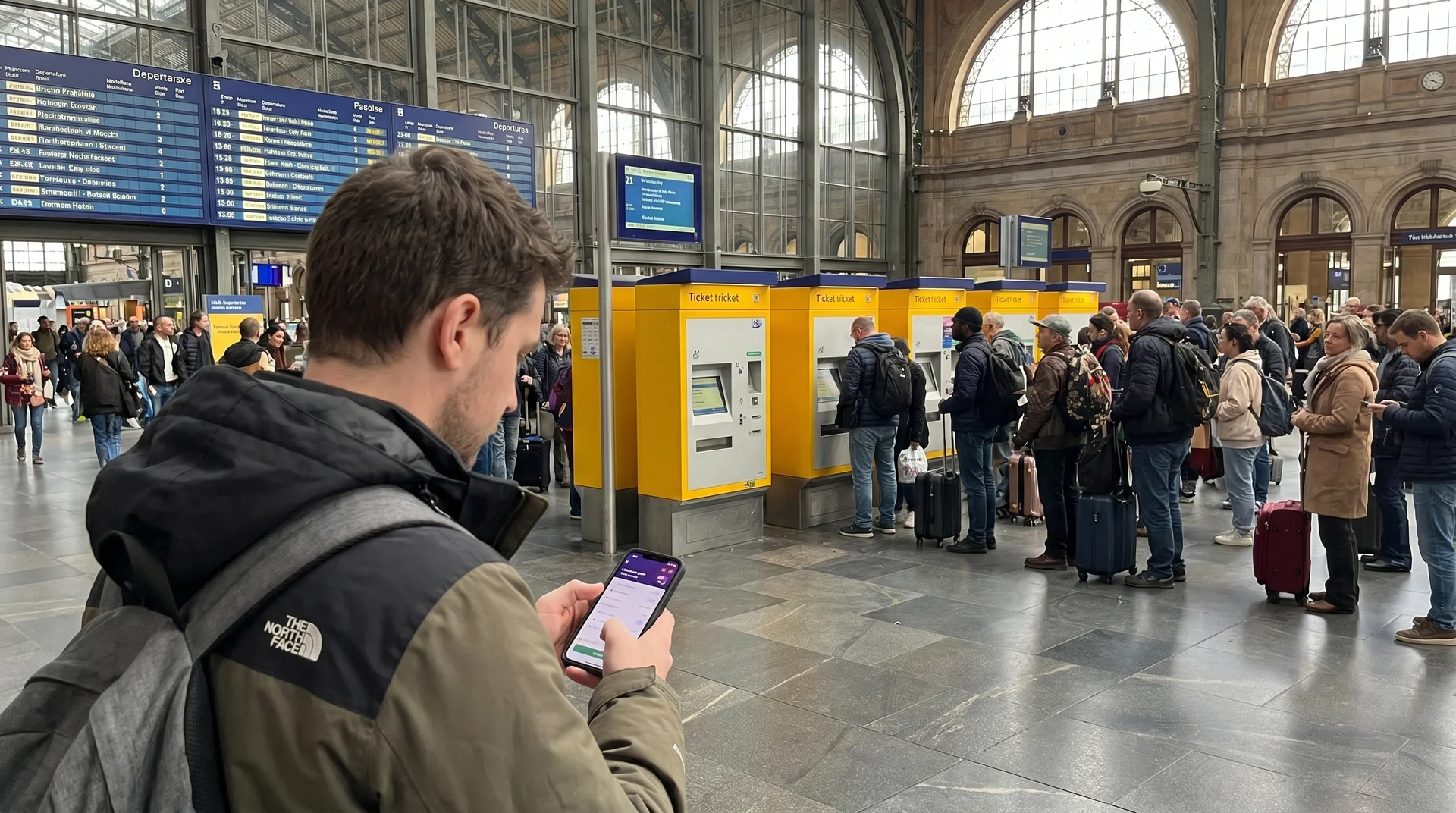 Traveler using SNCF Connect app at Nice-Ville station, avoiding the yellow ticket machine queue