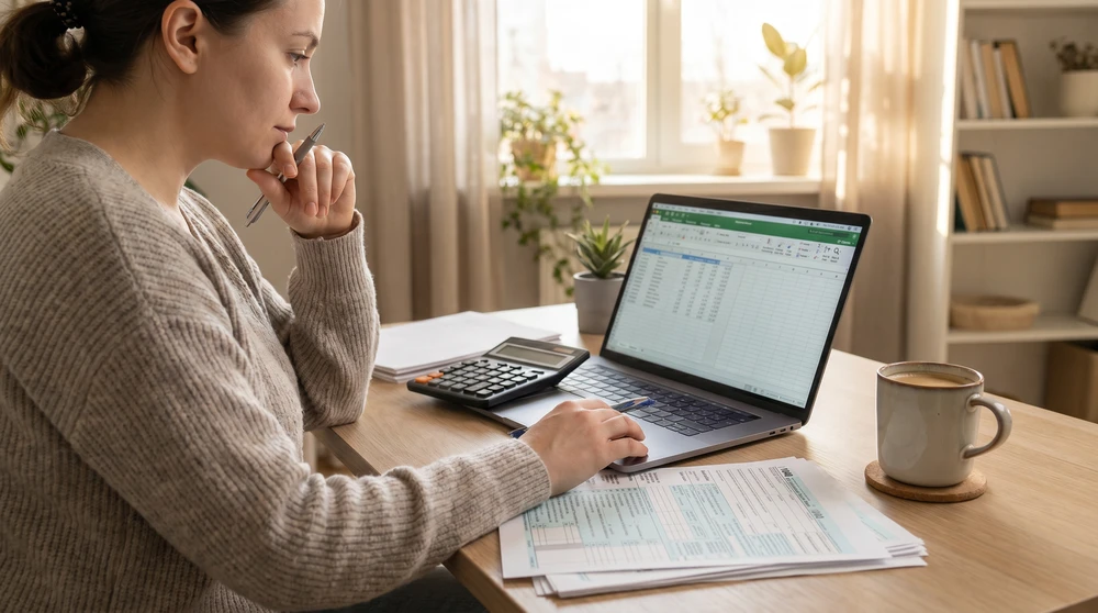 Digital nomad reviewing tax forms and a spreadsheet at a tidy home office while planning remote income taxes