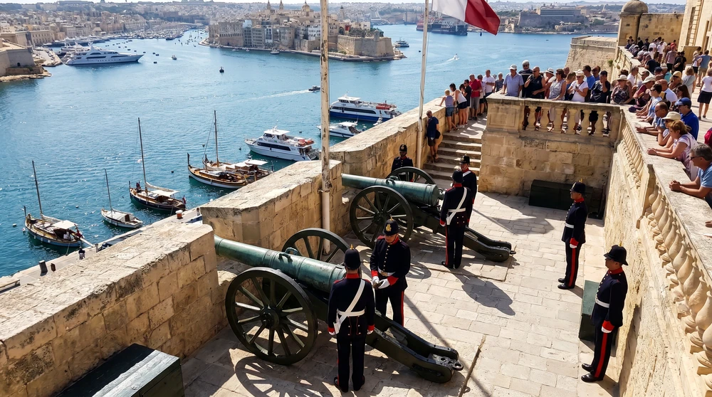Uniformed gunners preparing a ceremonial cannon on a stone battery above a sunlit harbor at noon