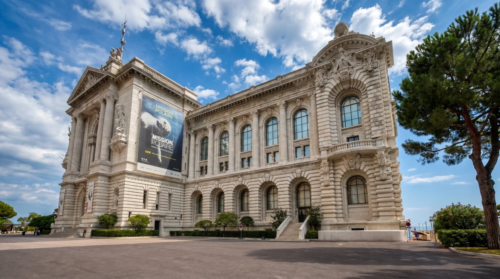 Oceanographic Museum Monaco main Eclectic Baroque facade with current exhibition banner