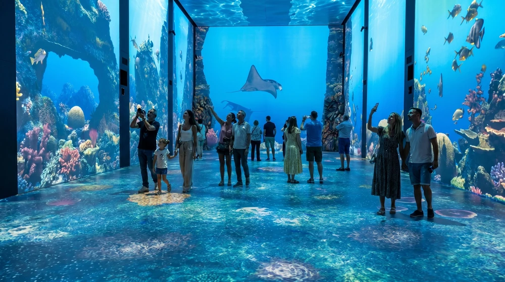 Visitors inside the ImmerSEAve immersive projection room at the Oceanographic Museum Monaco