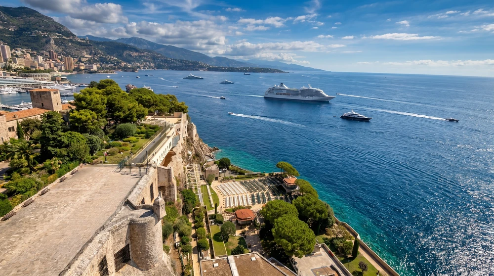 View from the Oceanographic Museum Monaco rooftop terrace with cruise ship and Mediterranean coastline