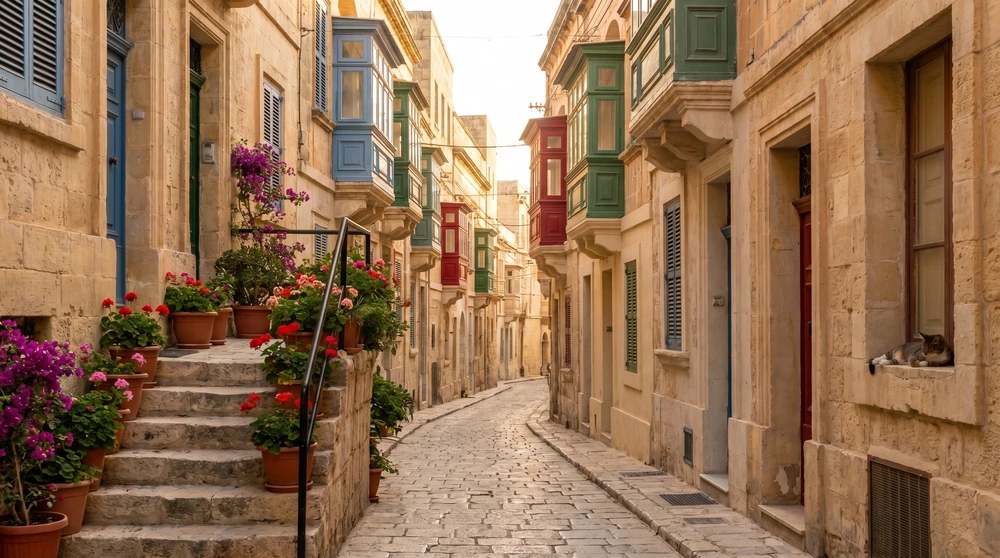 Quiet winding limestone alley with colourful traditional balconies and flowering steps in golden light