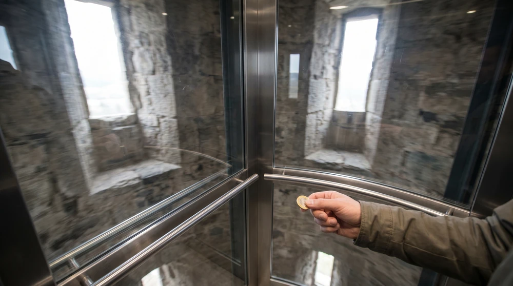 Glass panoramic elevator ascending through massive stone fortress walls with a coin held ready for the fare
