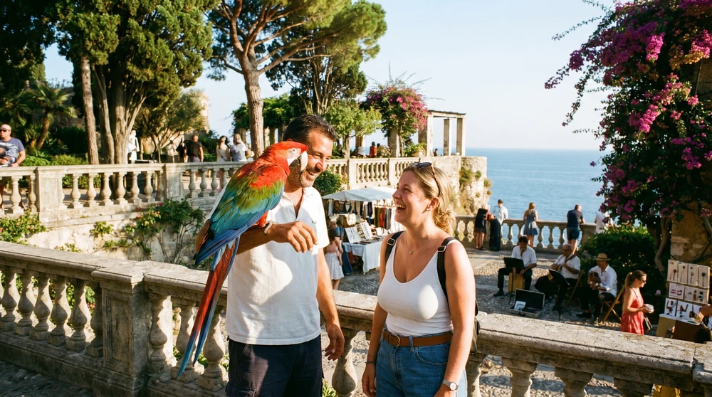 Straßenkünstler bietet einem Touristen in einem sonnigen historischen Garten am Meer ein Papagei-Foto an