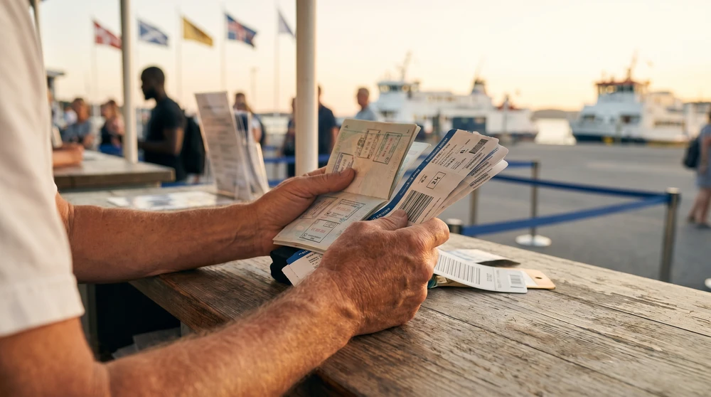 Reisende hält Reisepass und Bordkarten am sonnigen Hafen-Terminal-Check-in-Schalter