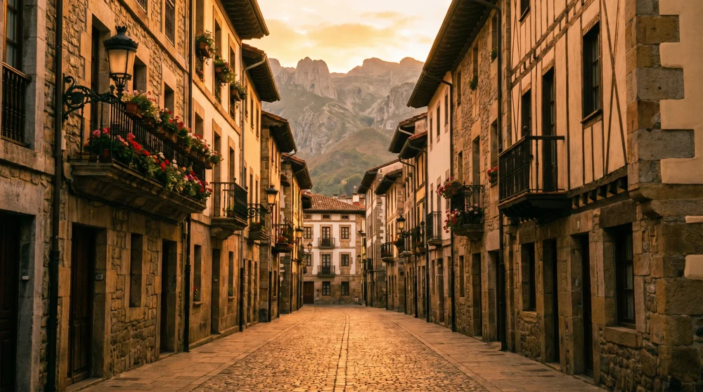 Fußgängerzone Städtle in Vaduz beim goldenen Abendlicht mit historischen Gebäuden und Bergen im Hintergrund