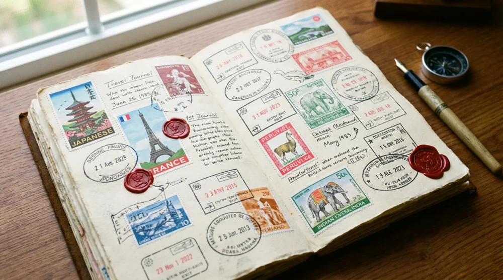 Reisetagebuch offen auf einer Seite mit mehreren Länder-Souvenierstempeln, darunter dem Liechtenstein-Stempel