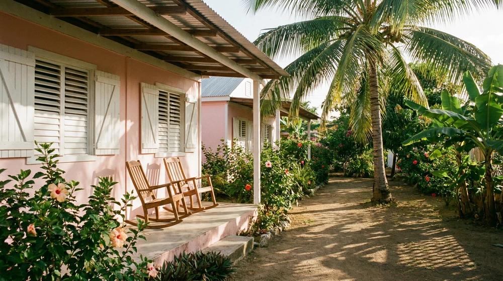 Pastel pink Caribbean budget guesthouse with louvered shutters and tropical garden