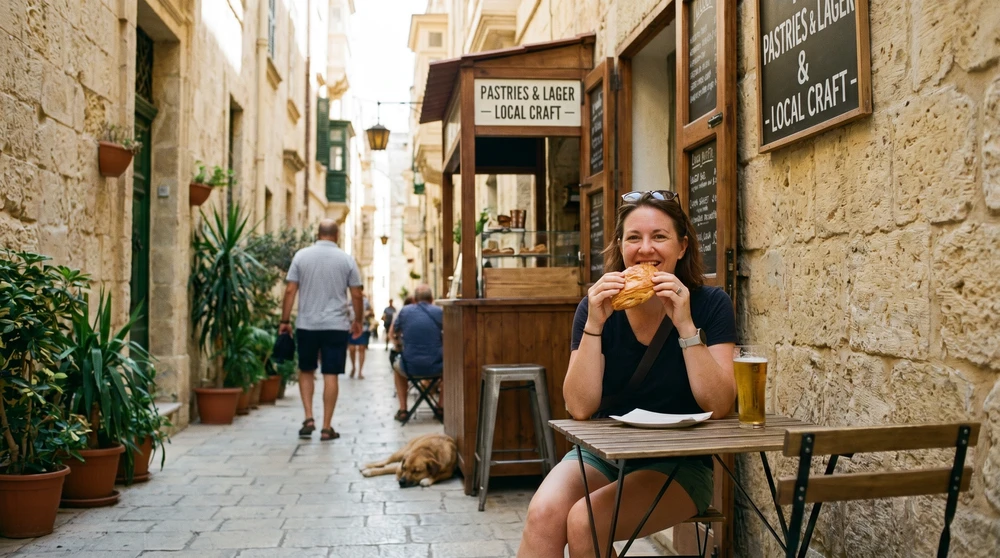 Traveler with a flaky pastry and cold lager at a small kiosk in a narrow shaded limestone alley