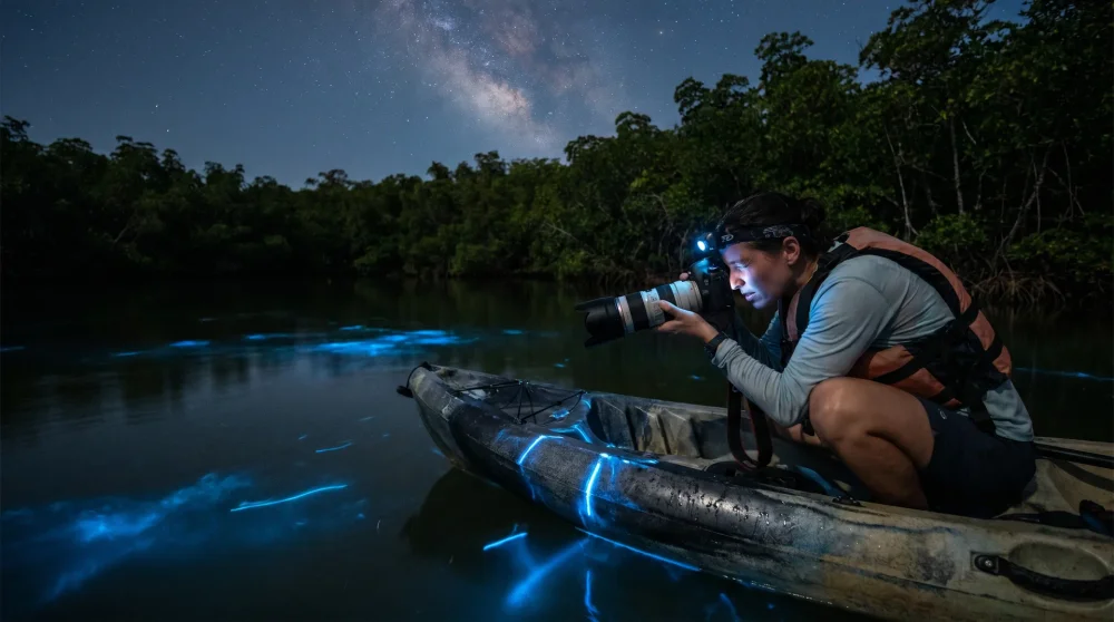 Fotograf auf einem Kajak fotografiert biolumineszierendes Wasser bei Nacht